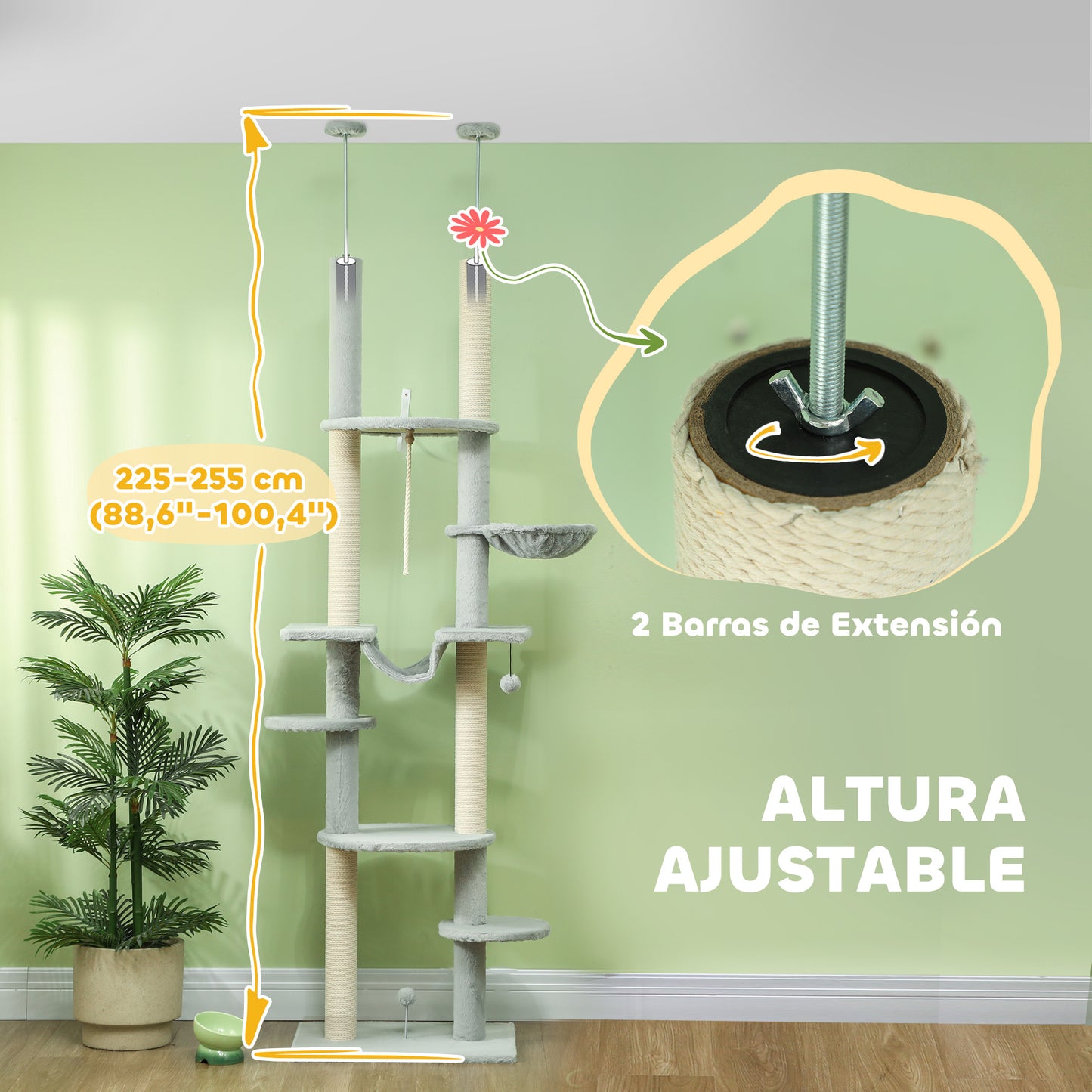 PawHut Árbol para Gatos de Suelo a Techo 225-255 cm Árbol Rascador para Gatos de 7 Niveles Torre para Gatos con Hamacas Plataformas Juguete de Cuerda Bola de Juguete Gris