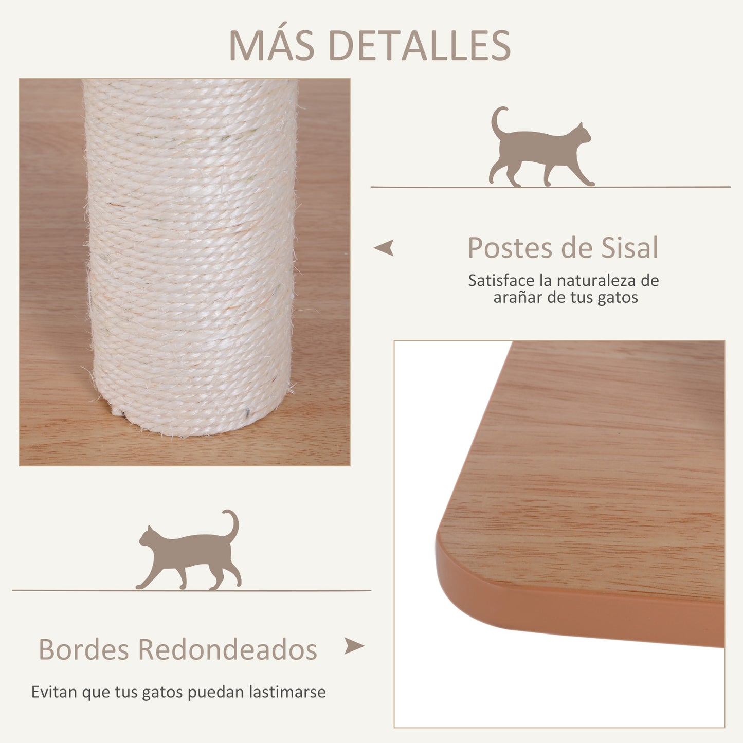 PawHut Árbol Rascador para Gatos de Madera 71,5x49,5x120 cm Torre de Gato con Cueva Plataformas Postes Rascadores de Sisal Cojines de Felpa Suave y Bolas Colgantes Natural