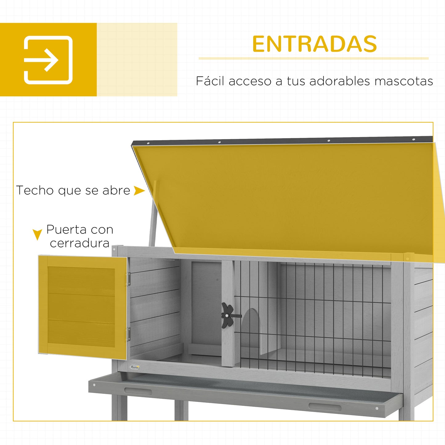 PawHut Conejera de Madera Caseta Exterior Refugio para Mascotas Pequeñas Conejos Cobayas con Bandeja Extraíble y Techo Asfáltico 84x43x70 cm Gris y Negro