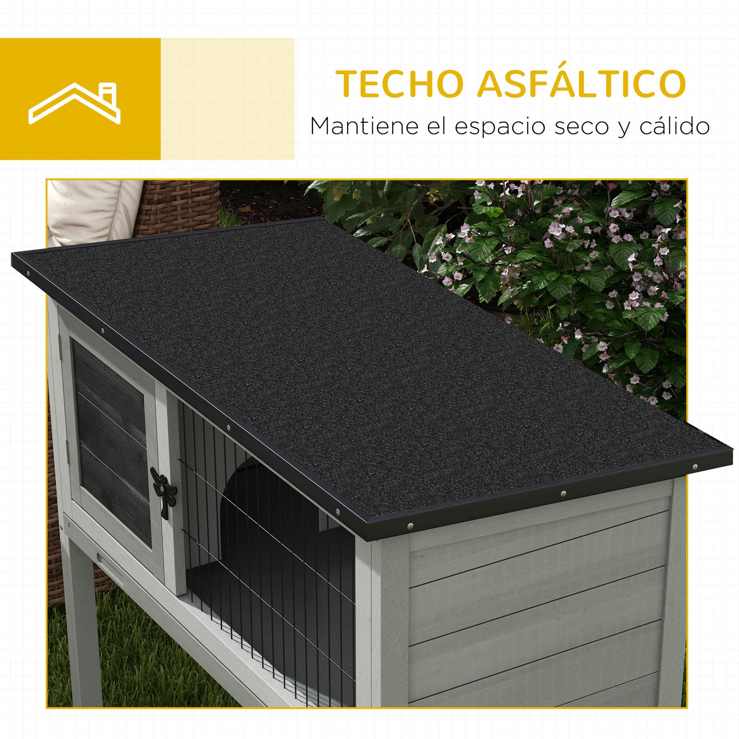 PawHut Conejera de Madera Caseta Exterior Refugio para Mascotas Pequeñas Conejos Cobayas con Bandeja Extraíble y Techo Asfáltico 84x43x70 cm Gris y Negro