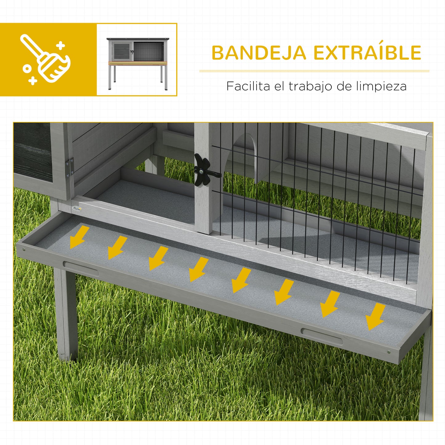 PawHut Conejera de Madera Caseta Exterior Refugio para Mascotas Pequeñas Conejos Cobayas con Bandeja Extraíble y Techo Asfáltico 84x43x70 cm Gris y Negro