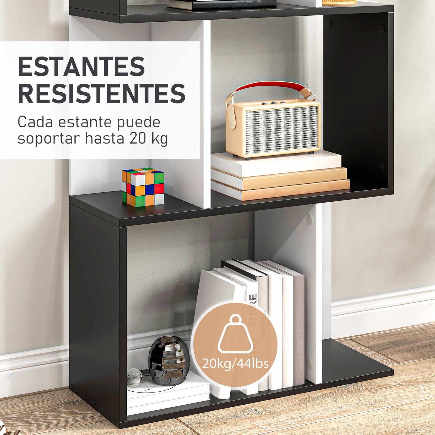 HOMCOM Estantería Librería de 5 Niveles Estantería de Madera Estantería para Libros en Forma de S Diseño Moderno para Salón Oficina 60x24x184,5 cm Blanco y Negro