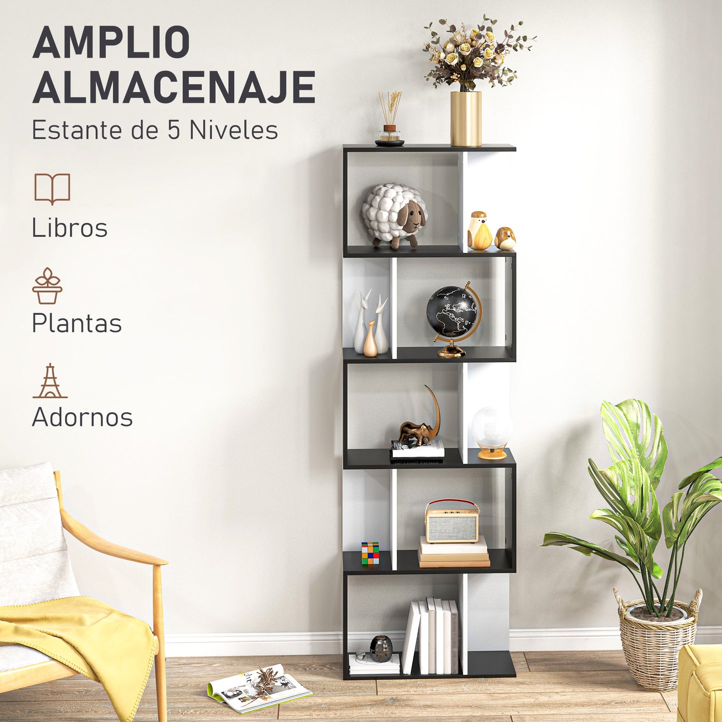 HOMCOM Estantería Librería de 5 Niveles Estantería de Madera Estantería para Libros en Forma de S Diseño Moderno para Salón Oficina 60x24x184,5 cm Blanco y Negro