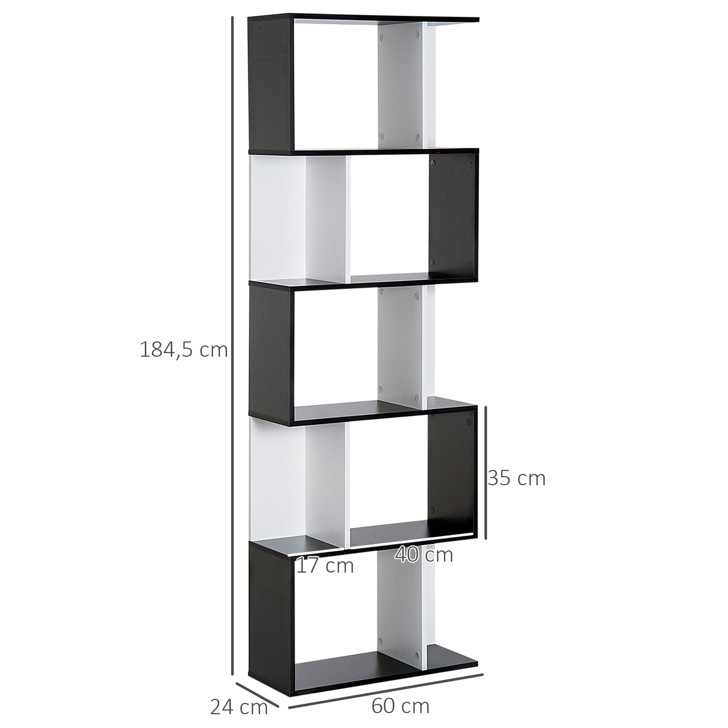 HOMCOM Estantería Librería de 5 Niveles Estantería de Madera Estantería para Libros en Forma de S Diseño Moderno para Salón Oficina 60x24x184,5 cm Blanco y Negro