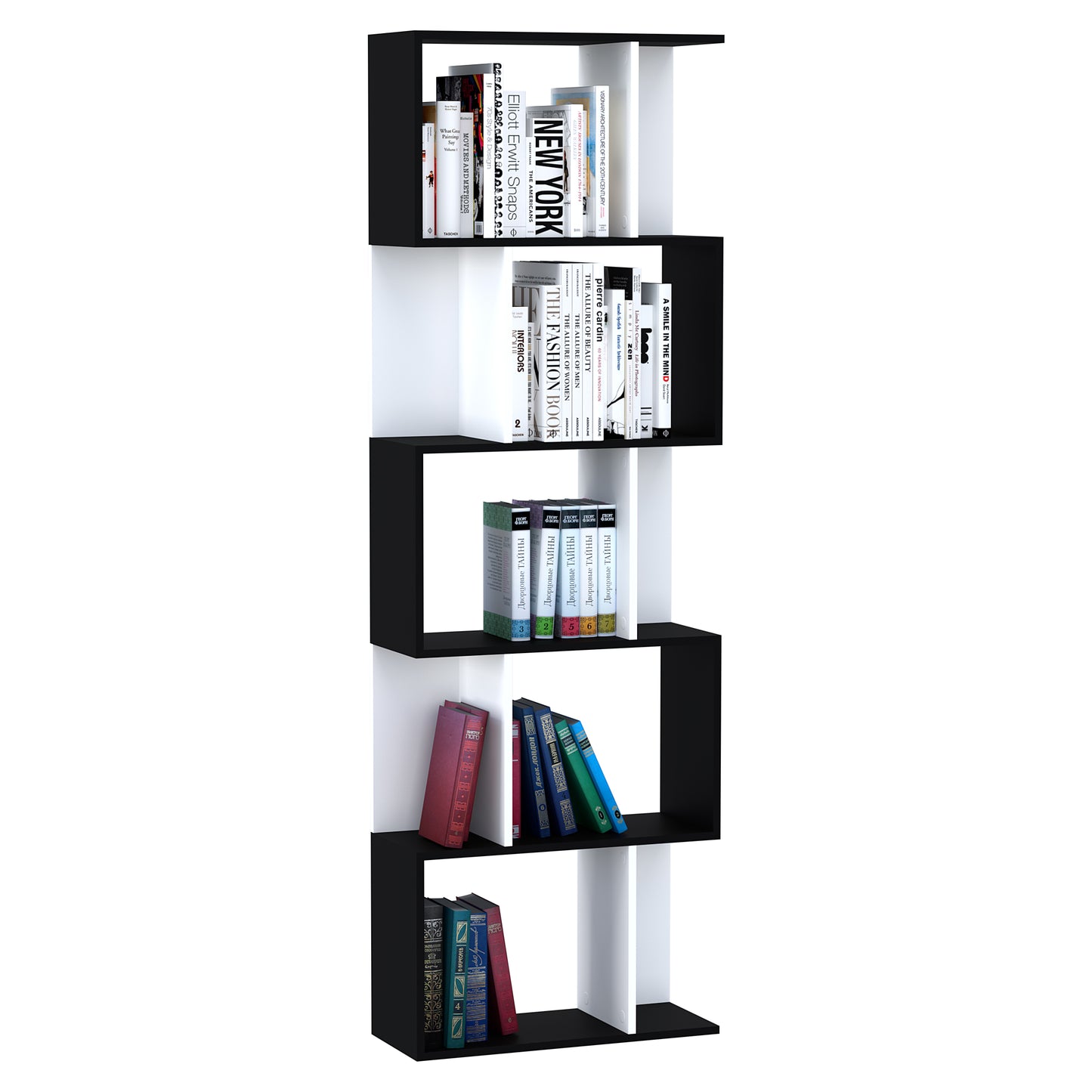 HOMCOM Estantería Librería de 5 Niveles Estantería de Madera Estantería para Libros en Forma de S Diseño Moderno para Salón Oficina 60x24x184,5 cm Blanco y Negro