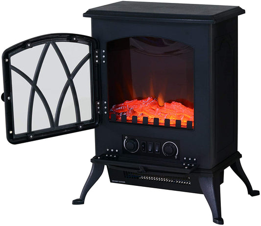 HOMCOM Chimenea Eléctrica 1000W/2000W Chimenea Decorativa con Ventana Efecto de Llama Brillo Ajustable y Protección Sobrecalentamiento para 15-30 ㎡ 45x28,5x54 cm Negro