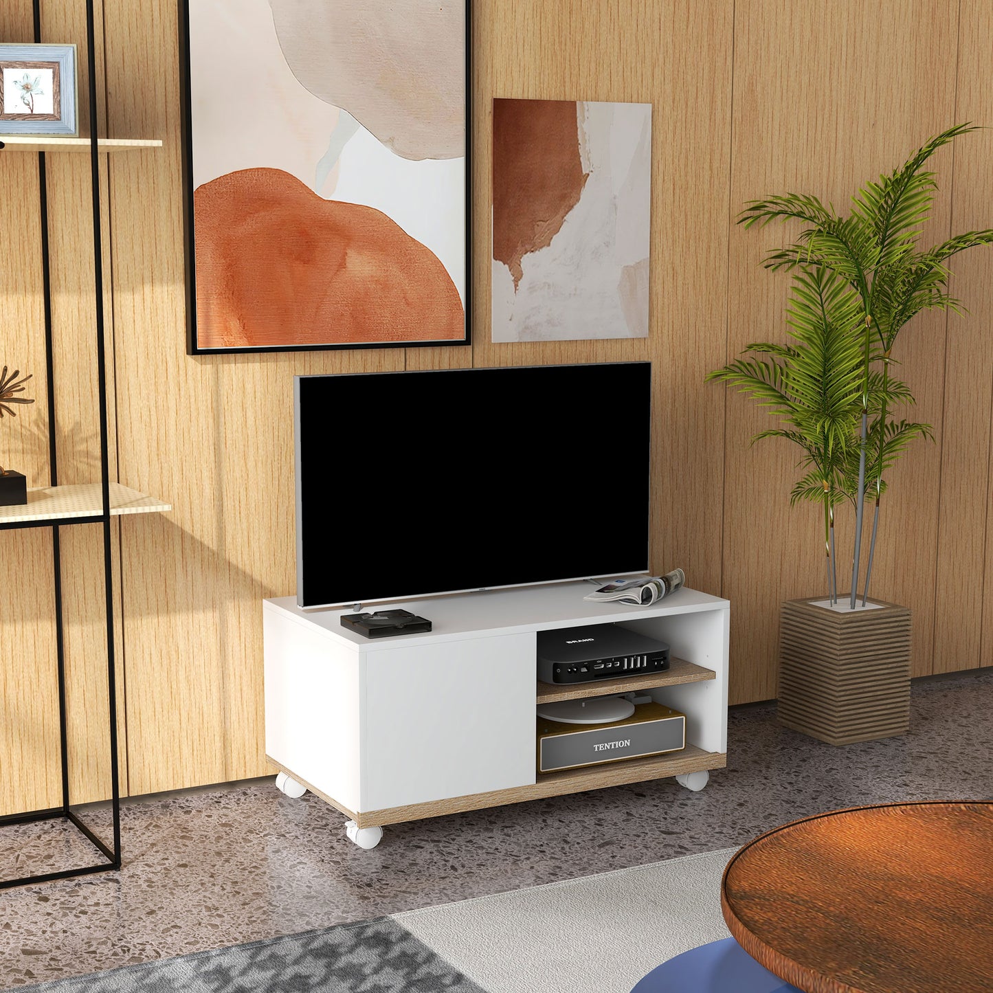 HOMCOM Mueble TV de Salón Moderno con Ruedas Mesa para Televisores de 42 Pulgadas Módulo TV con 1 Puerta y 2 Estantes de Almacenamiento 80x45x39,5 cm Blanco