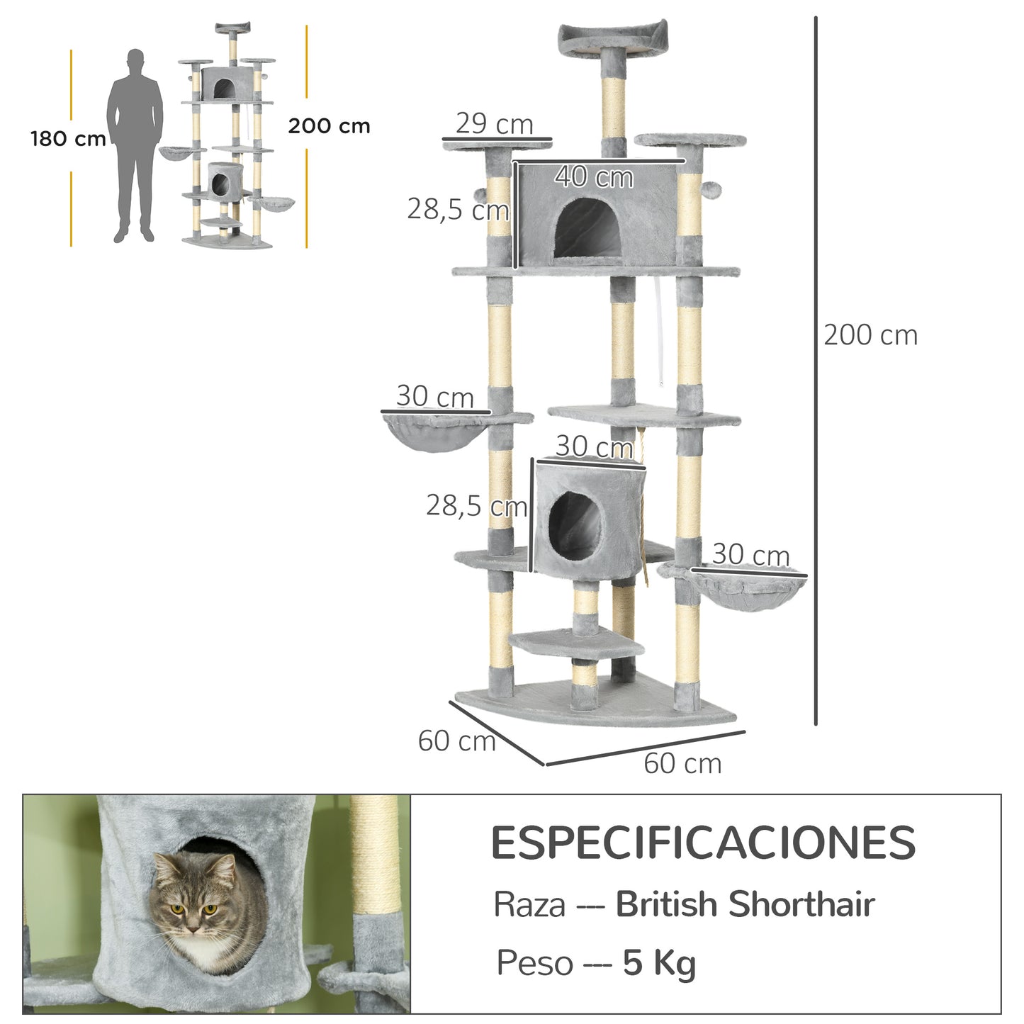 PawHut Árbol Rascador para Gatos Altura 200 cm Torre para Gatos con 2 Cuevas 2 Hamacas Cama Múltiples Plataformas Postes de Sisal y Bolas de Juguete 60x60x200 cm Gris