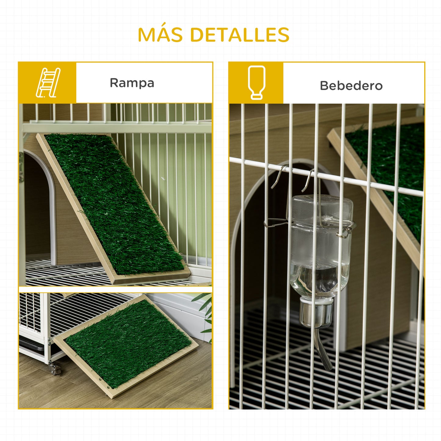 PawHut Conejera de Madera con Ruedas Mueble Conejera de Interior 78x52,5x76,5 cm Superficie Mesa Auxiliar con Techo Abrible Corral Bandeja Extraíble Bebedero y Rampa Roble