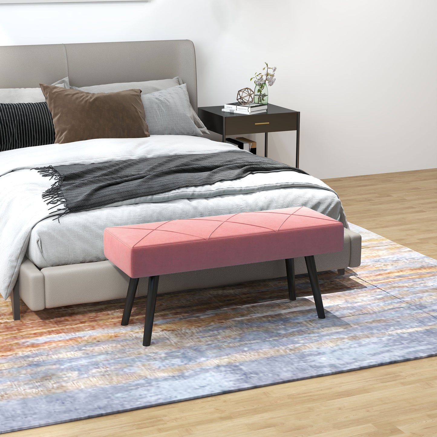 HOMCOM Taburete Pie de Cama Multifuncional Banco Pie de Cama Moderno Banco Dormitorio con Pies de Acero y Asiento Acolchado Carga 120 kg para Entrada Pasillo 100x36x45 cm Rosa