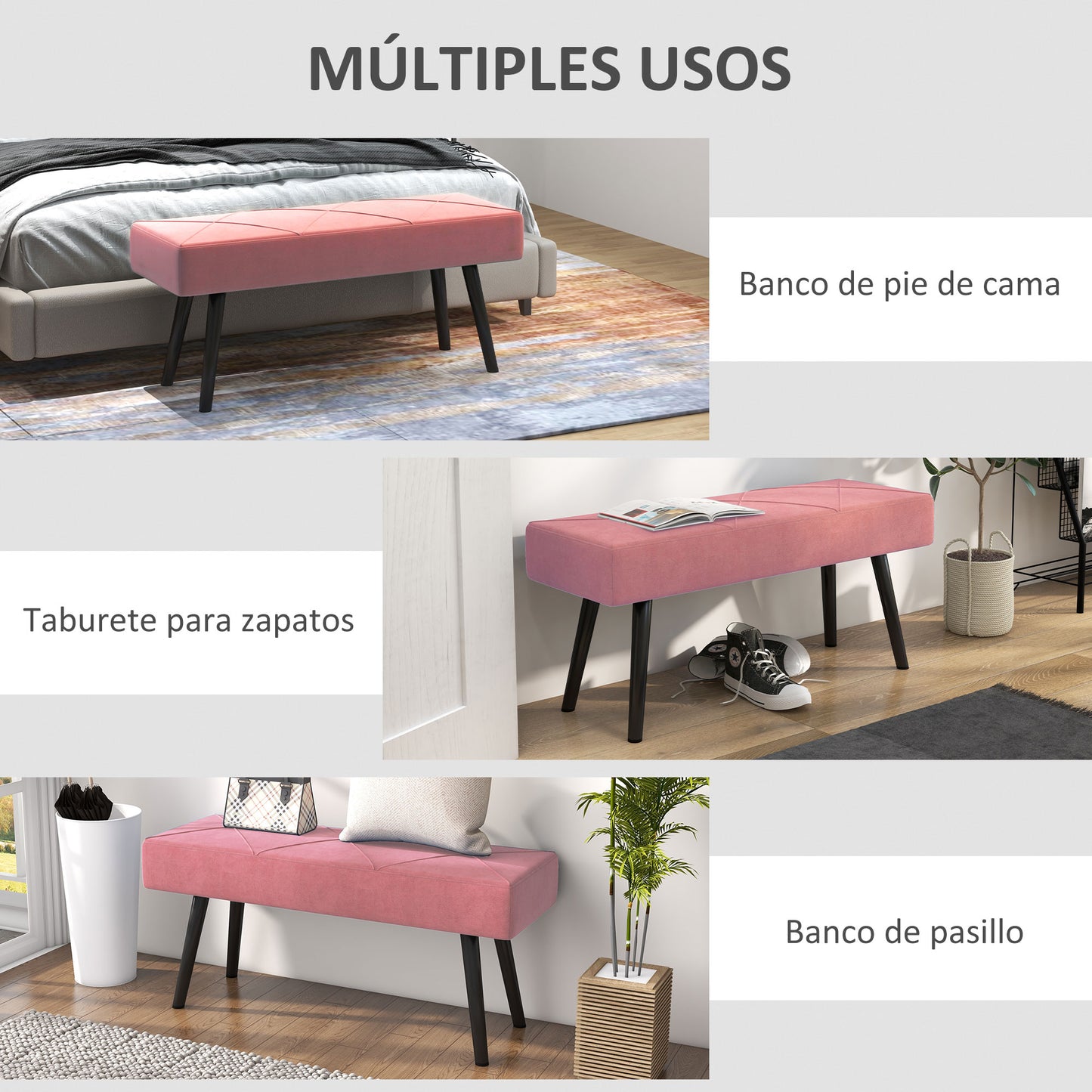 HOMCOM Taburete Pie de Cama Multifuncional Banco Pie de Cama Moderno Banco Dormitorio con Pies de Acero y Asiento Acolchado Carga 120 kg para Entrada Pasillo 100x36x45 cm Rosa