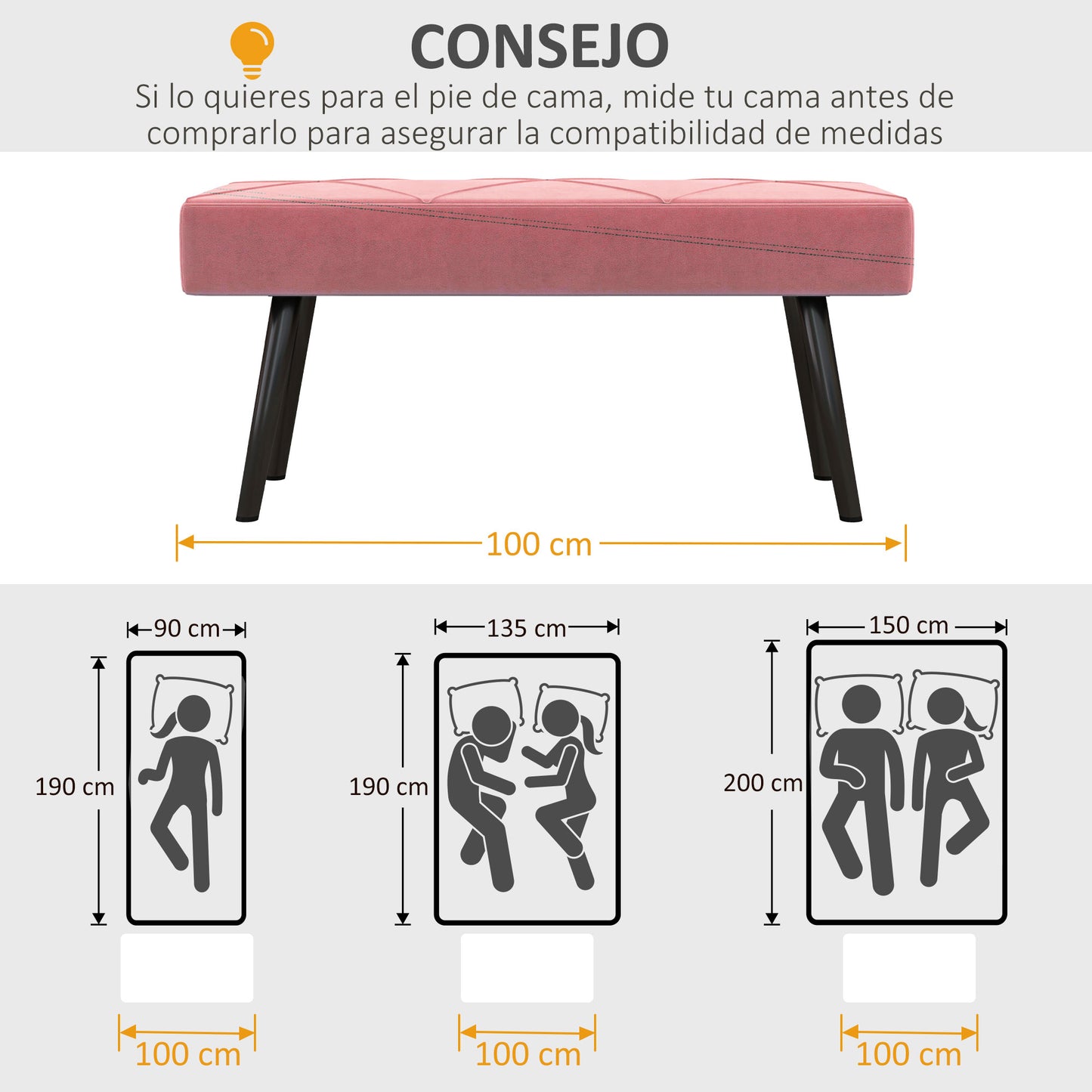 HOMCOM Taburete Pie de Cama Multifuncional Banco Pie de Cama Moderno Banco Dormitorio con Pies de Acero y Asiento Acolchado Carga 120 kg para Entrada Pasillo 100x36x45 cm Rosa