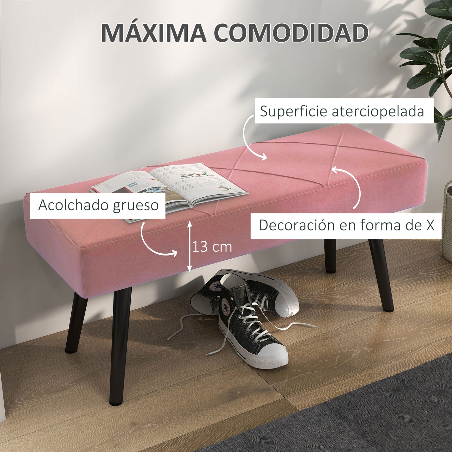 HOMCOM Taburete Pie de Cama Multifuncional Banco Pie de Cama Moderno Banco Dormitorio con Pies de Acero y Asiento Acolchado Carga 120 kg para Entrada Pasillo 100x36x45 cm Rosa