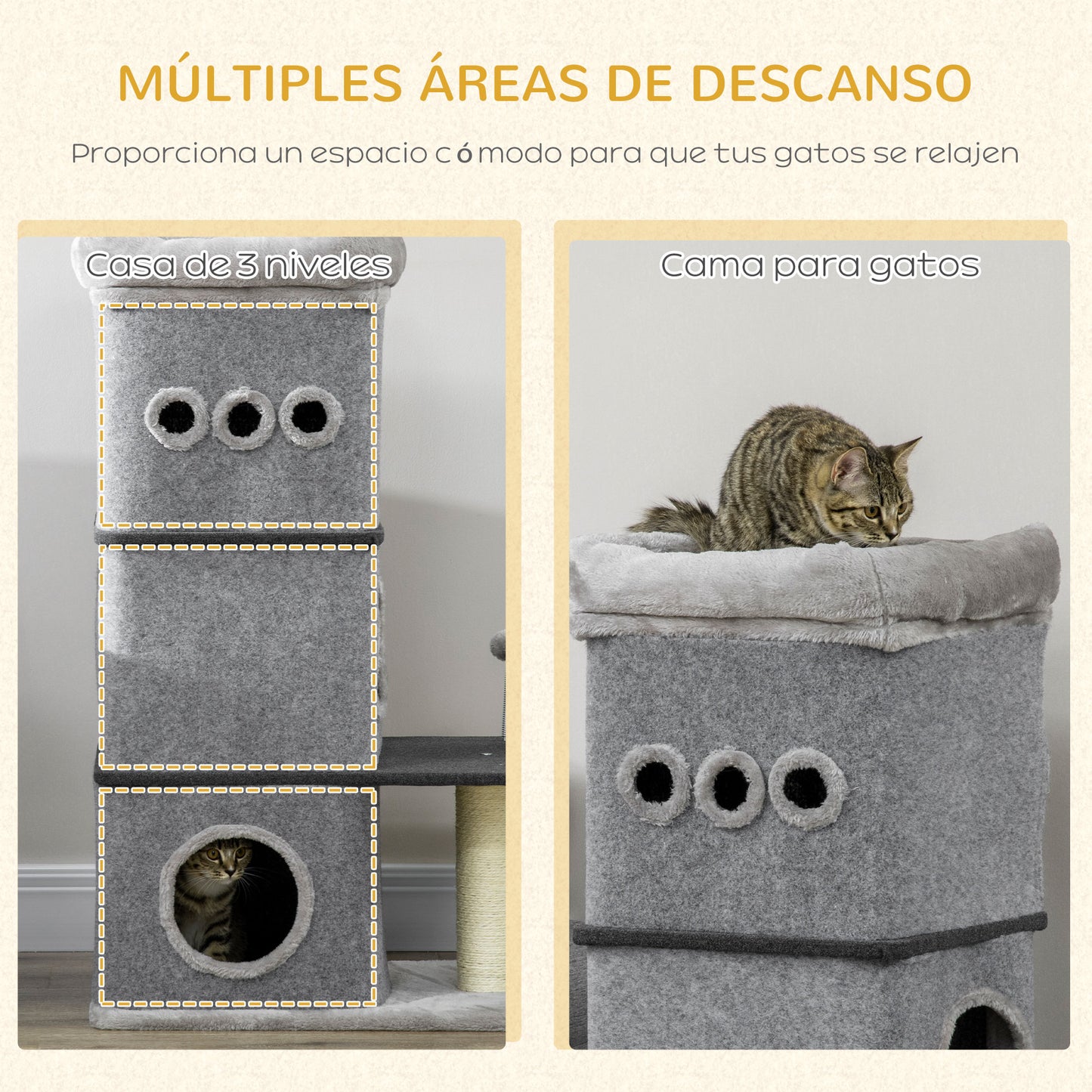 PawHut Barril Rascador para Gatos de 3 Niveles Altura 102 cm Torre para Gatos con Caseta de Fieltro Desmontable Poste de Sisal Cama y Bola de Juguete 60x40x102 cm Gris