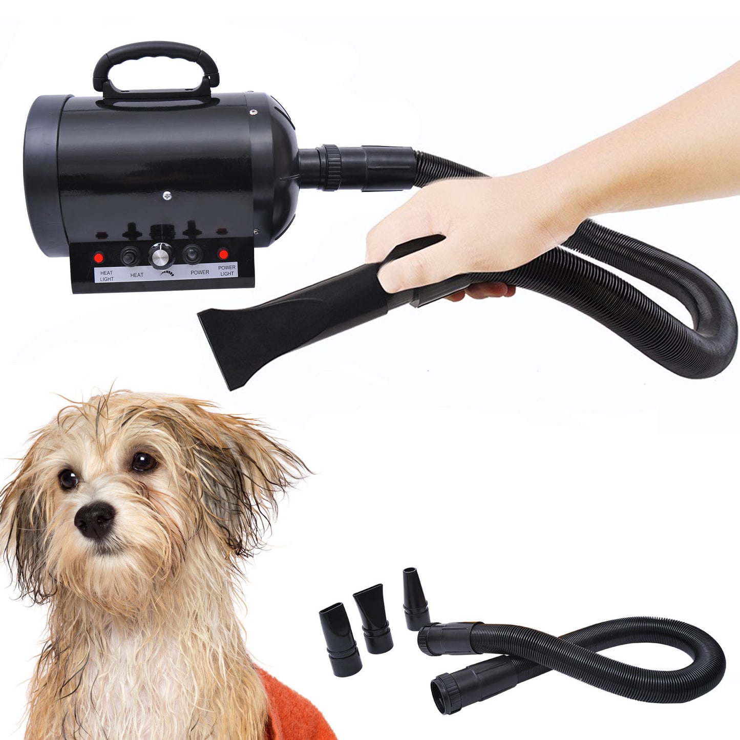 PawHut Secador de Pelo para Perros 2800W Soplador de Agua para Mascotas con Temperatura y Velocidad del Viento Ajustable 3 Boquillas Tubo Flexible 2,5 m y Asa Portátil 40x16x20 cm Negro