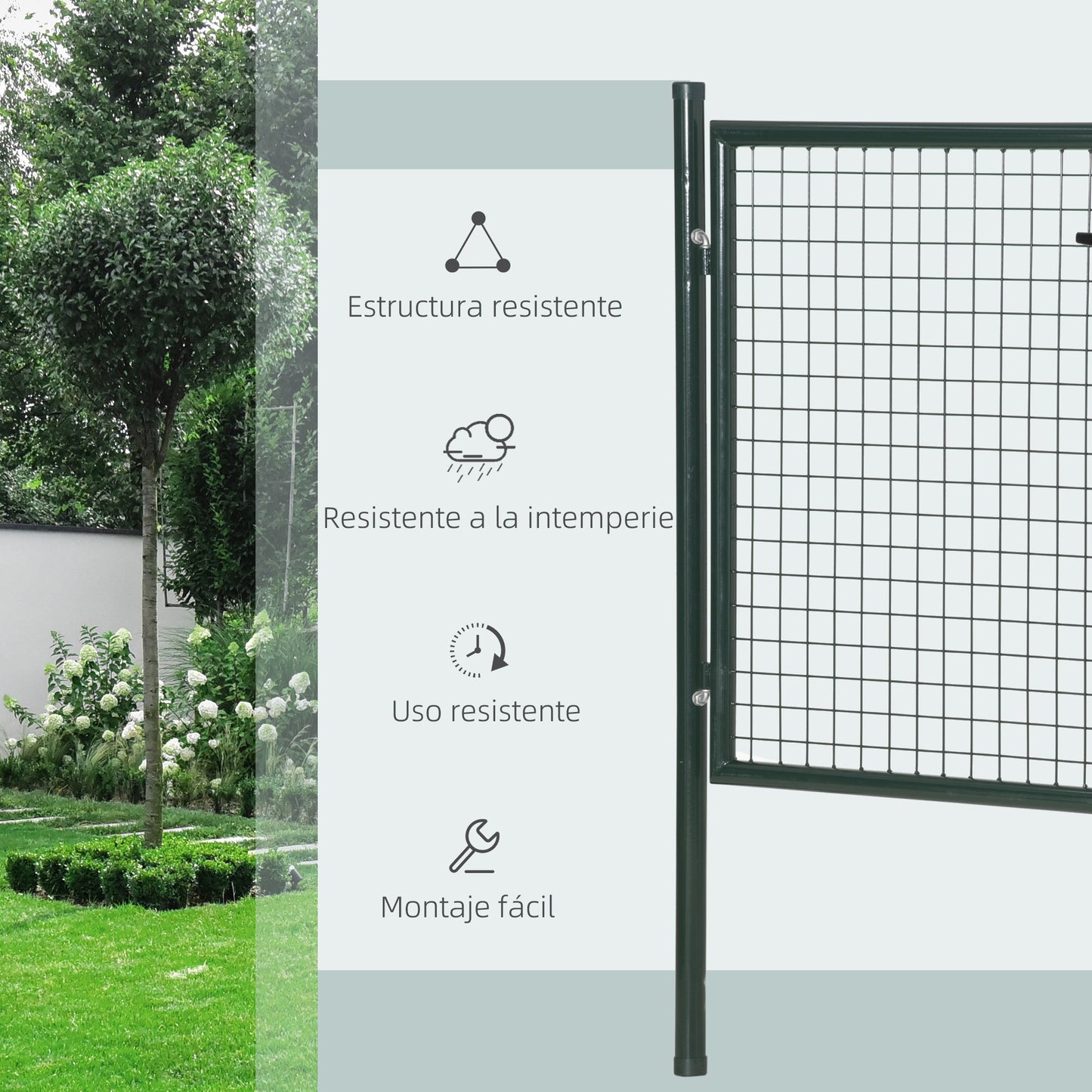 HOMCOM Puerta Verja de Jardín de Acero con Cerradura Manija y 3 Llaves Puerta de Valla Cerca para Exterior Patio Terraza 97x150 cm Verde