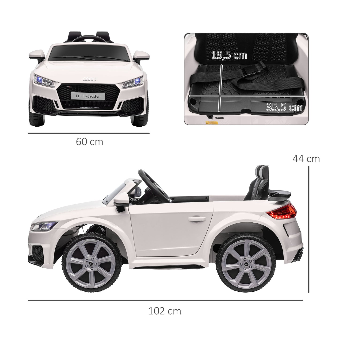 HOMCOM Coche Eléctrico para Niños de 3+ Años Audi TT Eléctrico Infantil 12V con Velocidad 3 km/h Mando a Distancia Música Luces Doble Apertura de Puerta 102x60x44 cm Blanco