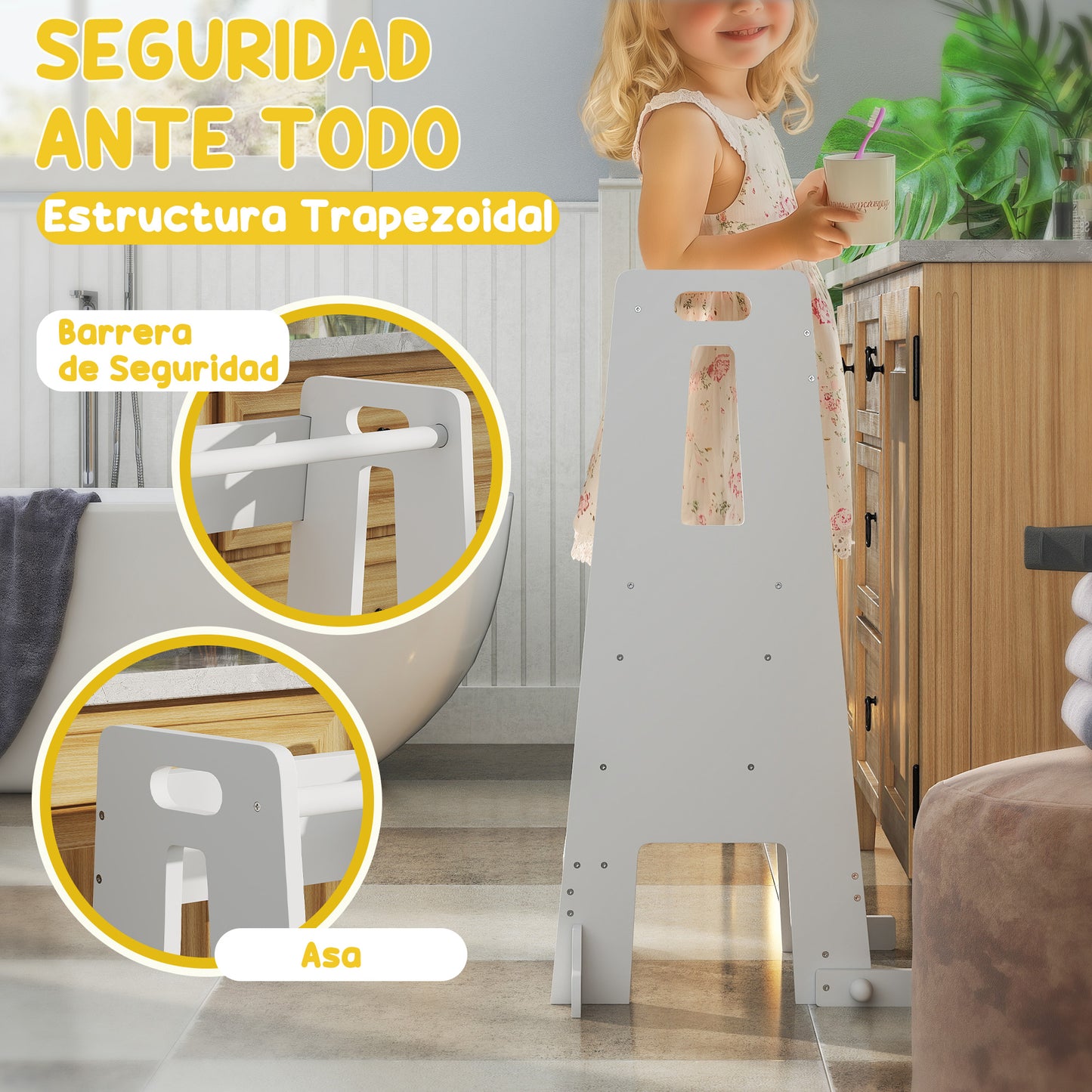 AIYAPLAY Torre de Aprendizaje Taburete de Aprendizaje para Niños de +3 Años con Pedal Altura Ajustable en 3 Niveles y Barrera de Seguridad para Baño Cocina 45x47,5x91 cm Blanco