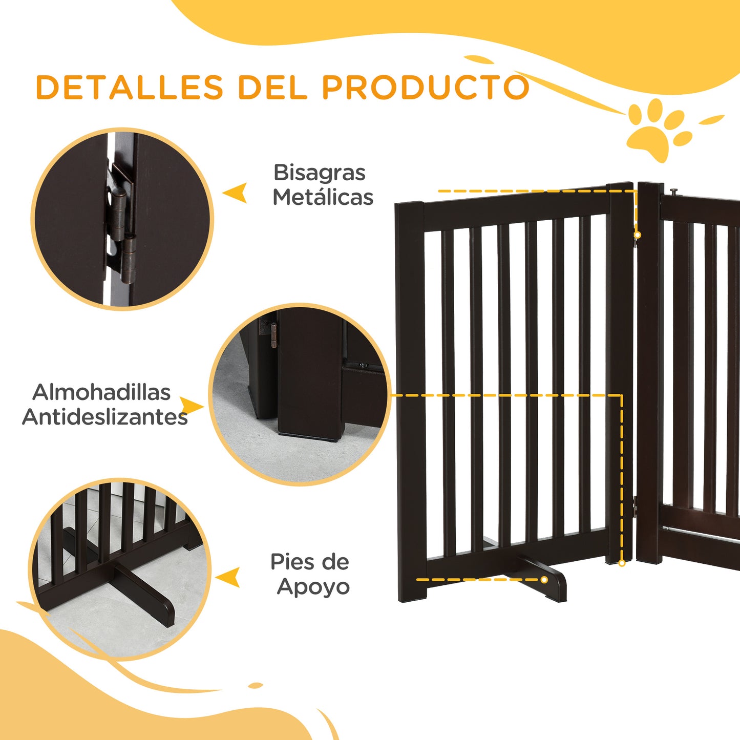 PawHut Barrera para Perros de Madera Valla para Mascotas Plegable de 3 Paneles con 1 Puerta y Patas de Apoyo para Pasillo Escalera 155x35,5x76 cm Café