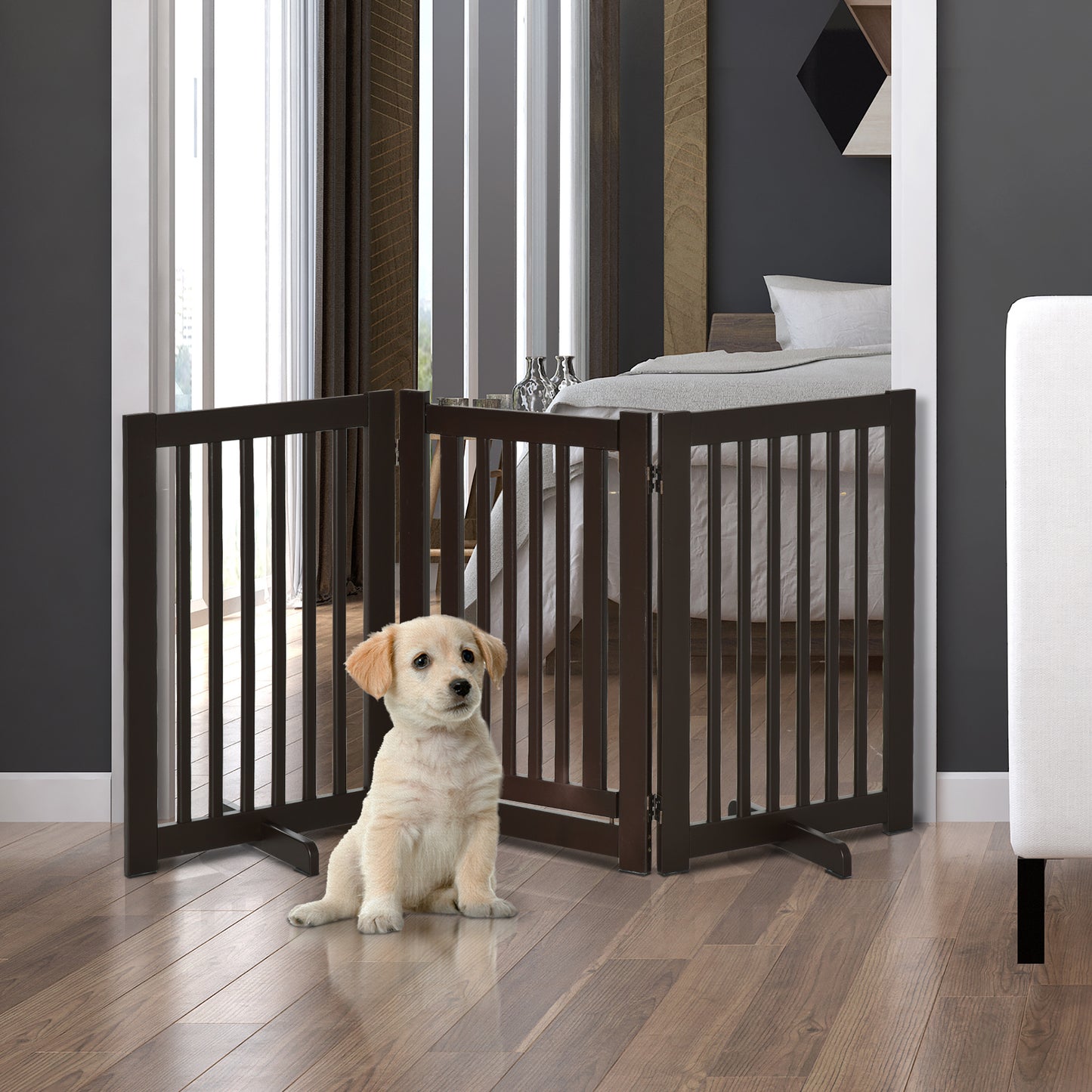 PawHut Barrera para Perros de Madera Valla para Mascotas Plegable de 3 Paneles con 1 Puerta y Patas de Apoyo para Pasillo Escalera 155x35,5x76 cm Café