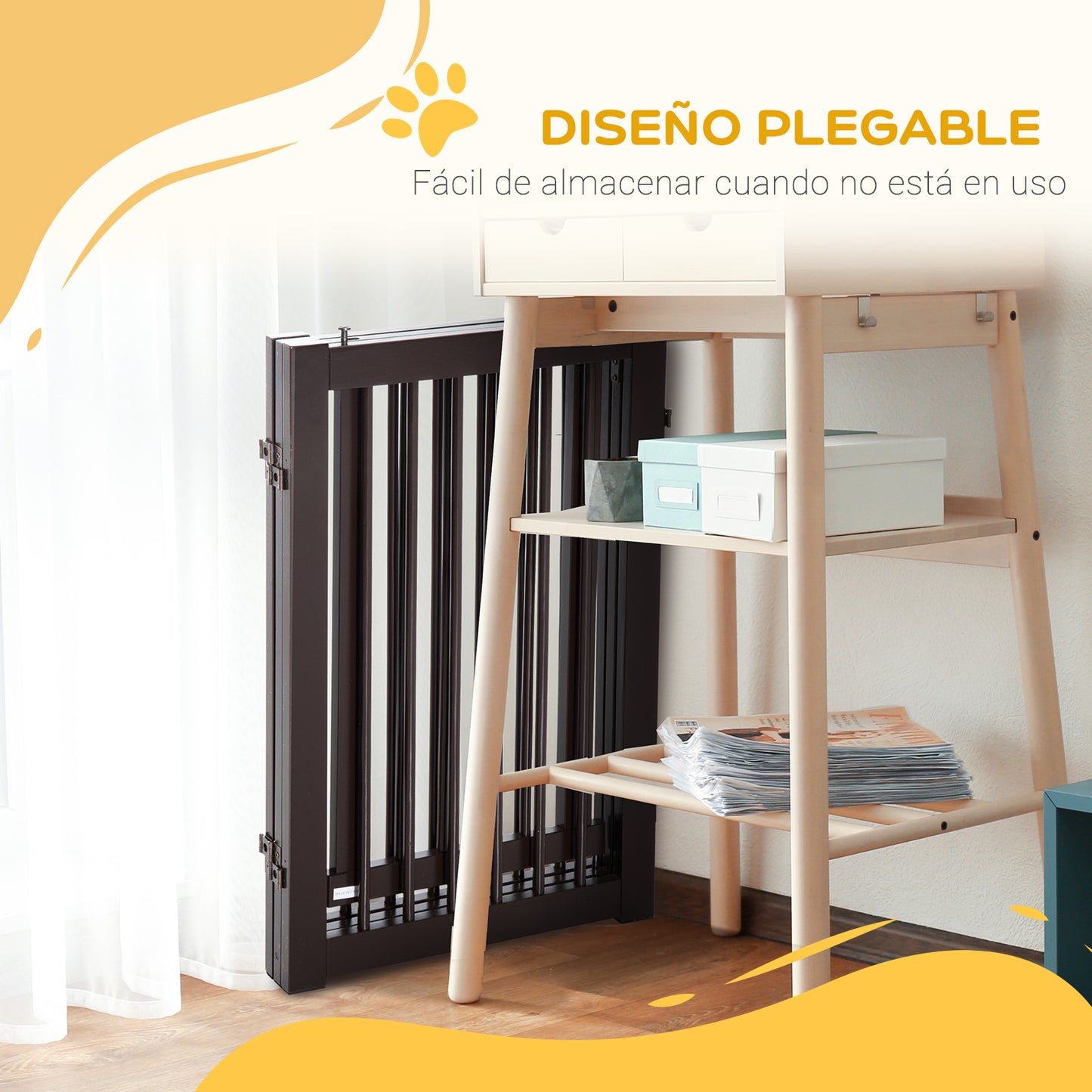 PawHut Barrera para Perros de Madera Valla para Mascotas Plegable de 3 Paneles con 1 Puerta y Patas de Apoyo para Pasillo Escalera 155x35,5x76 cm Café