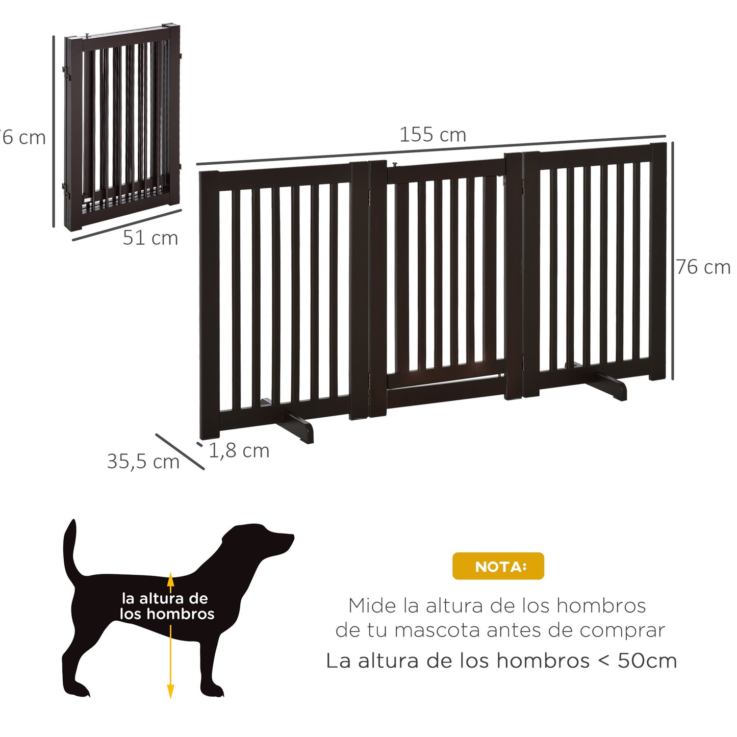 PawHut Barrera para Perros de Madera Valla para Mascotas Plegable de 3 Paneles con 1 Puerta y Patas de Apoyo para Pasillo Escalera 155x35,5x76 cm Café