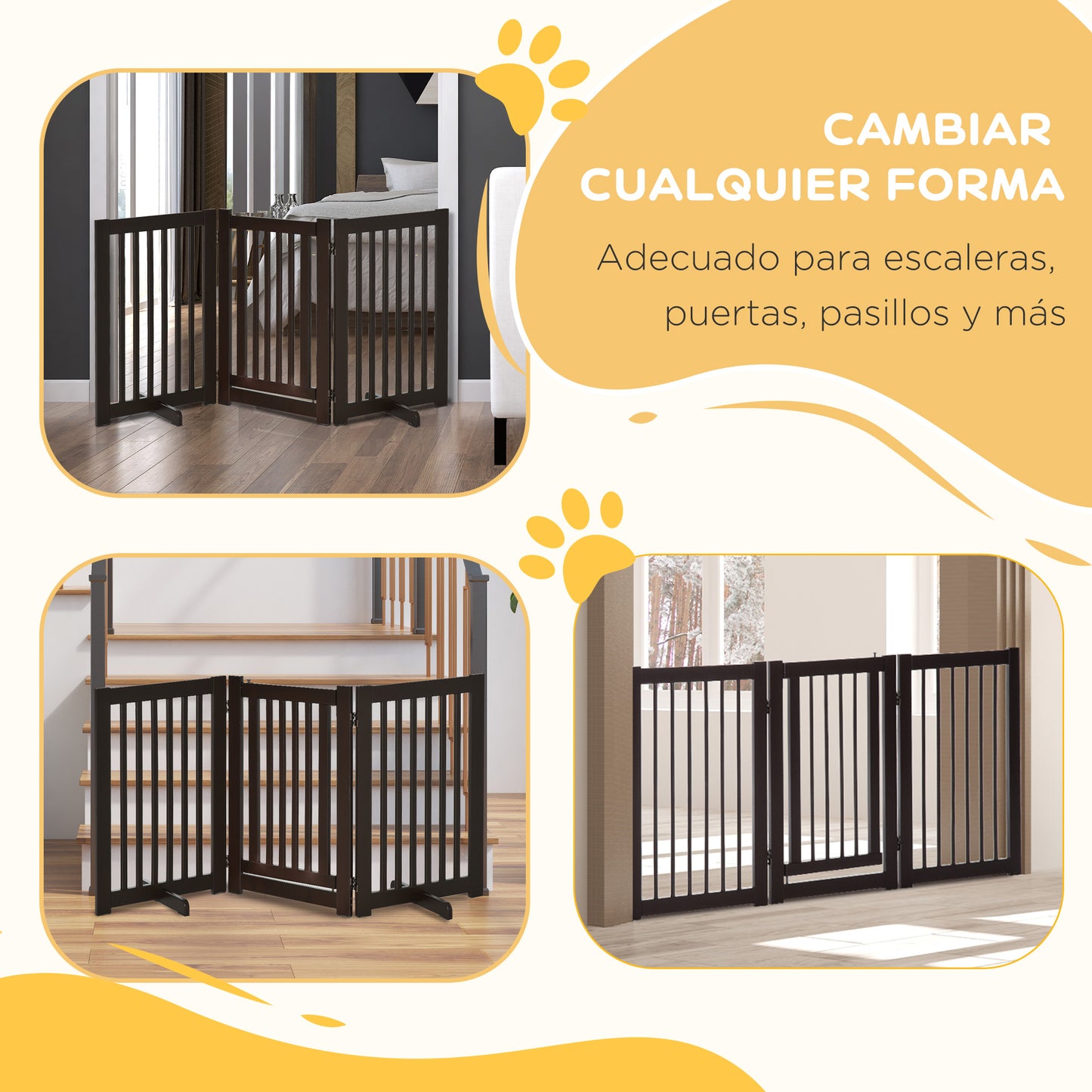 PawHut Barrera para Perros de Madera Valla para Mascotas Plegable de 3 Paneles con 1 Puerta y Patas de Apoyo para Pasillo Escalera 155x35,5x76 cm Café