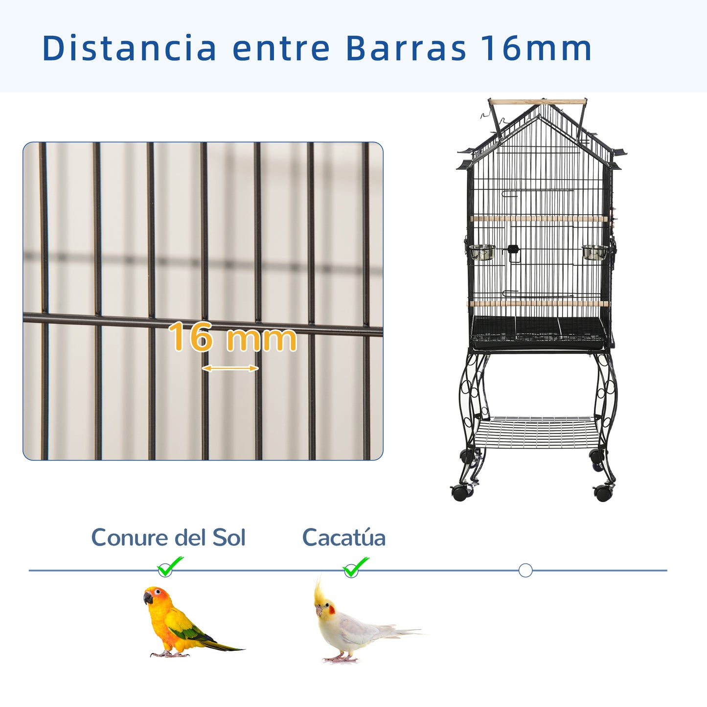 PawHut Jaula para Pájaros 50x58x145 cm Pajarera Metálica con 3 Puertas 2 Comederos 3 Perchas Bandeja Extraíble Estante Abierto y 4 Ruedas para Canarios Periquitos Negro