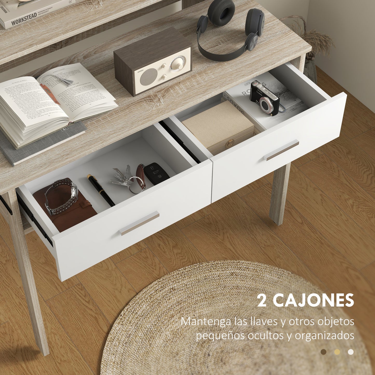 HOMCOM Mesa Consola Escritorio Extensible de 2 Niveles con Rieles Deslizantes 2 Cajones y 2 Ruedas Antivuelco Mesa de Entrada Doble 95x35x87 cm Roble