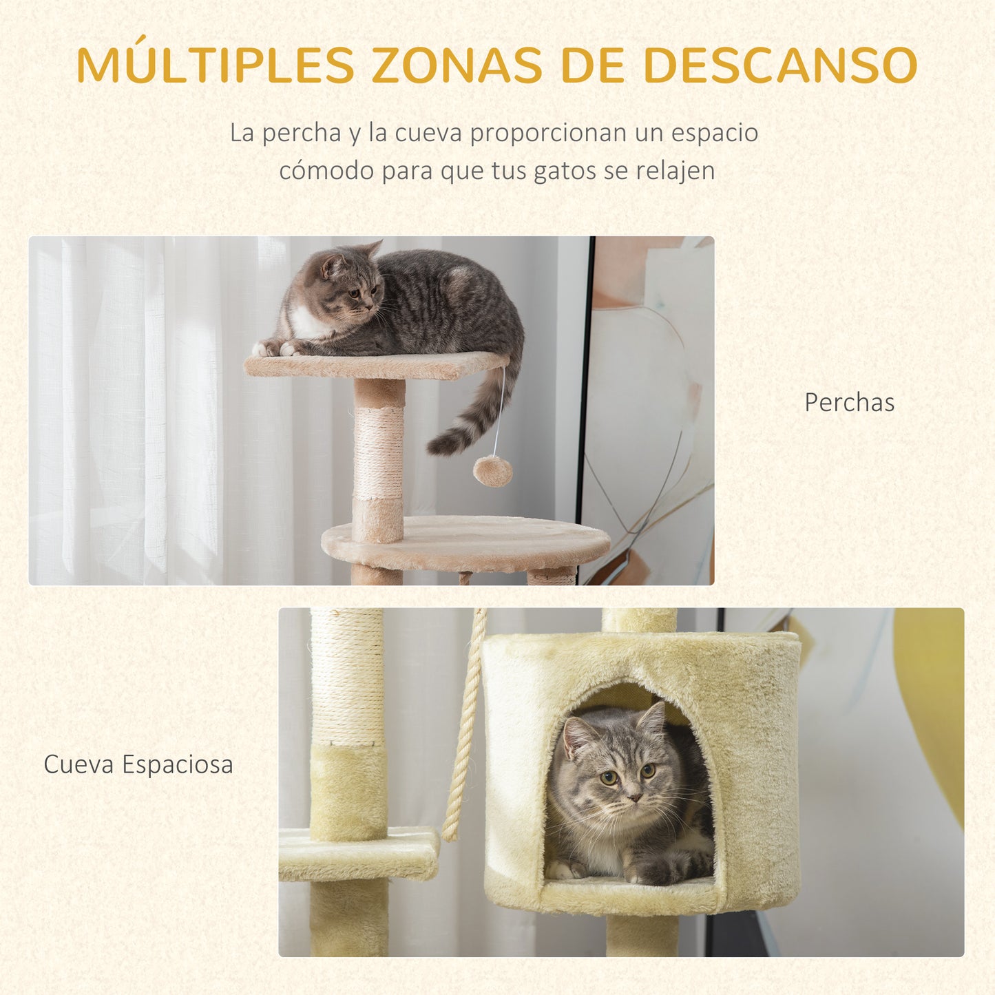 PawHut Árbol para Gatos Rascador 116 cm de 4 Pisos con Poste para Arañar Cueva Espaciosa Múltiples Plataformas Juguetes Divertidos 40x40x116 cm Beige