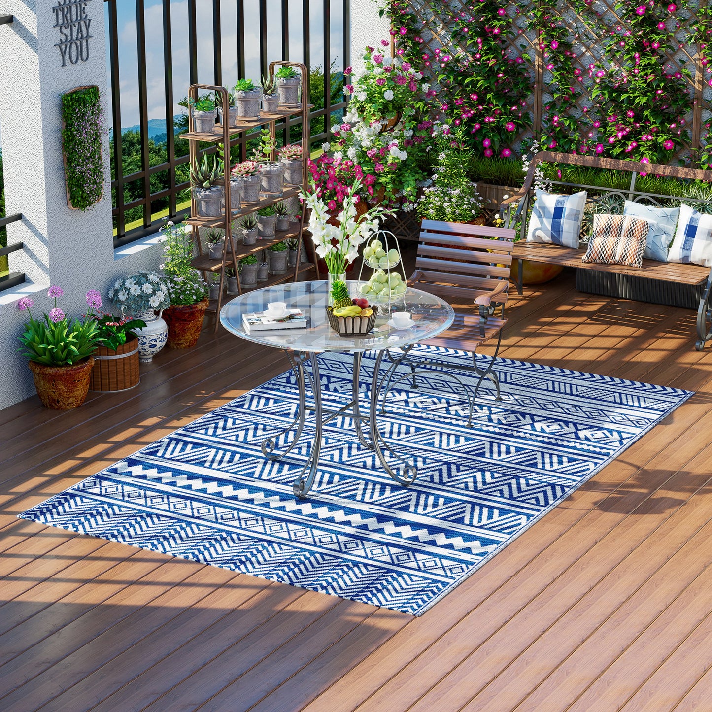 Outsunny Alfombra de Exterior 182x274 cm Alfombra Reversible Manta de Pícnic Estilo Moderno para Terraza Balcón Patio Camping Playa Azul Oscuro y Blanco