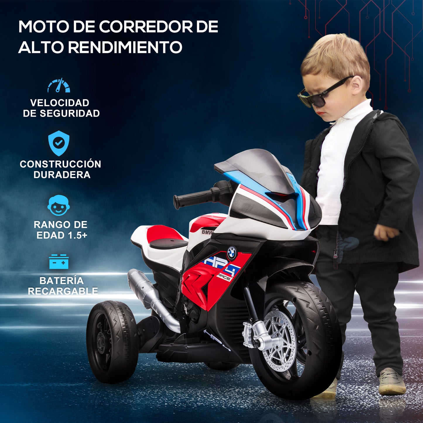 HOMCOM Moto Eléctrica BMW HP4 para Niños de +18 Meses Motocicleta de Batería 6V con Música USB Velocidad 2,5 km/h Avance y Retroceso Carga 30 kg 82,5x42x54 cm Rojo