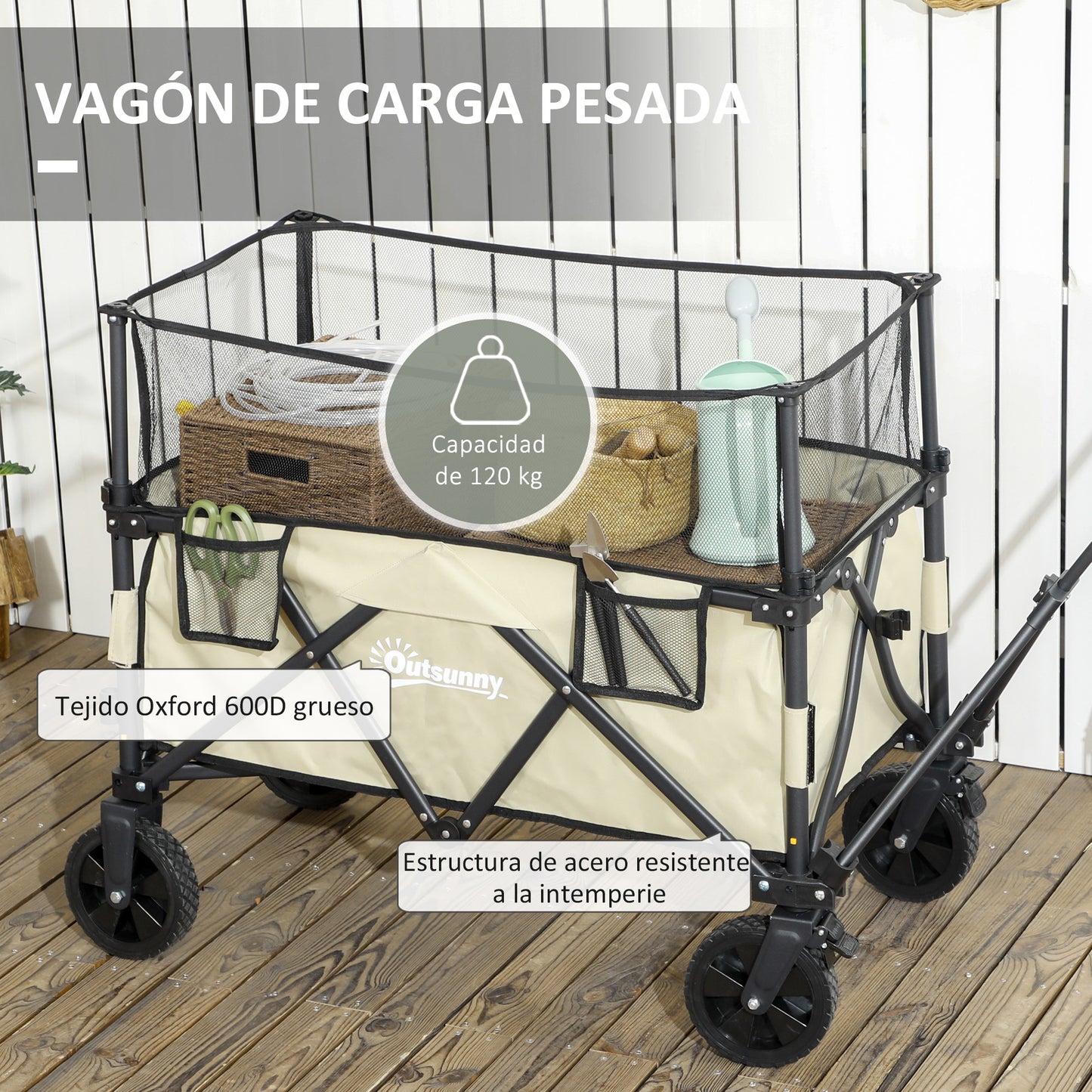 Outsunny Carro de Jardín 180 L Carro Plegable con Longitud y Ángulo del Mango Ajustables y Paredes Laterales Extensibles Carga 120 kg para Patio Playa Caqui