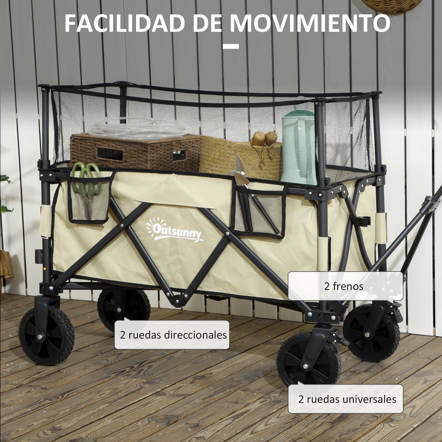 Outsunny Carro de Jardín 180 L Carro Plegable con Longitud y Ángulo del Mango Ajustables y Paredes Laterales Extensibles Carga 120 kg para Patio Playa Caqui