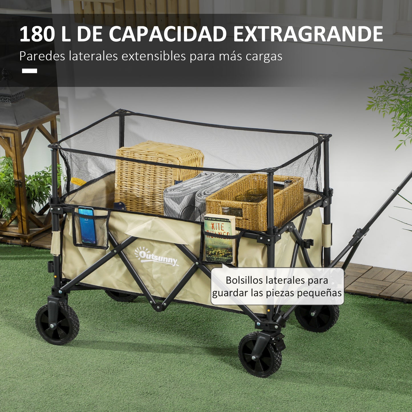 Outsunny Carro de Jardín 180 L Carro Plegable con Longitud y Ángulo del Mango Ajustables y Paredes Laterales Extensibles Carga 120 kg para Patio Playa Caqui