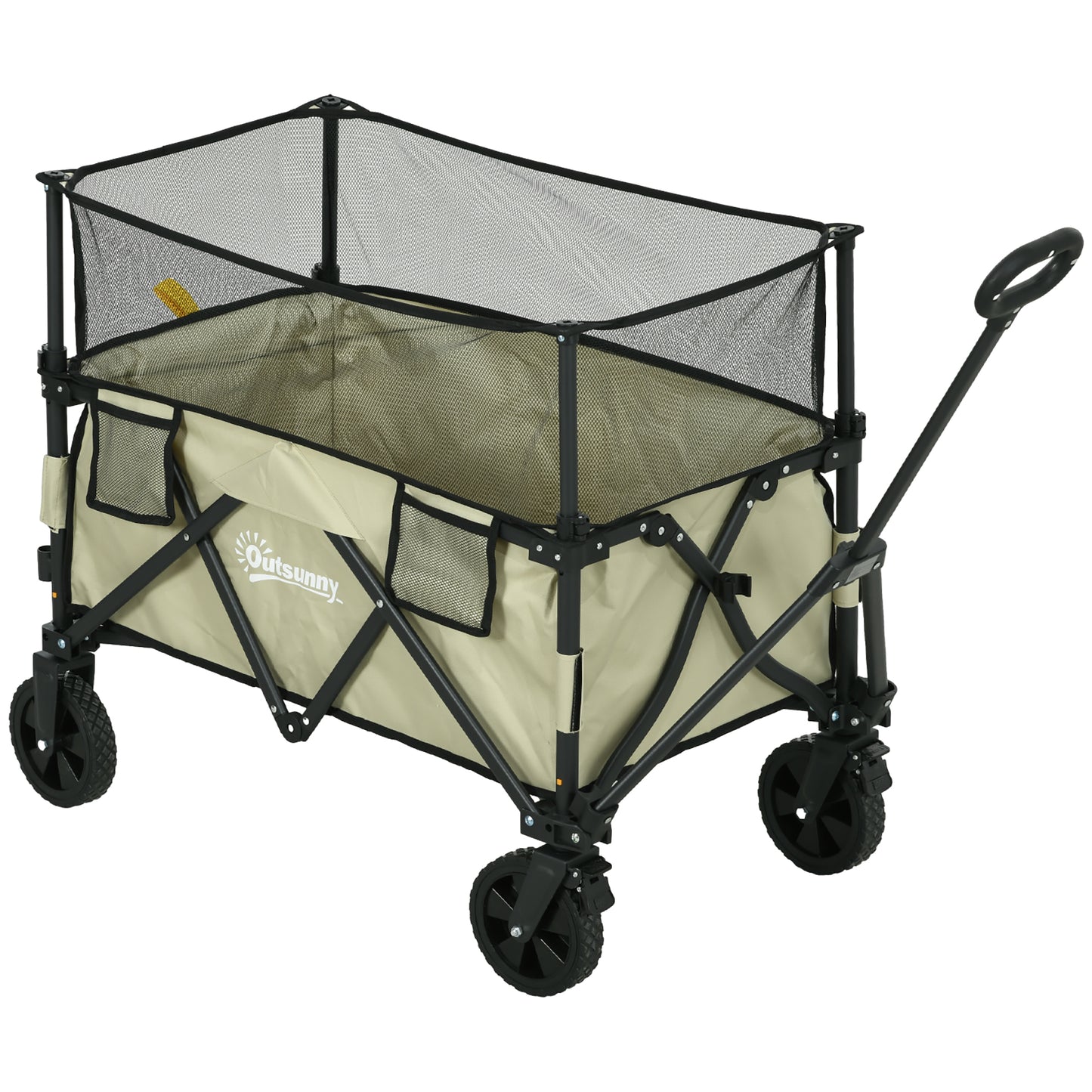 Outsunny Carro de Jardín 180 L Carro Plegable con Longitud y Ángulo del Mango Ajustables y Paredes Laterales Extensibles Carga 120 kg para Patio Playa Caqui