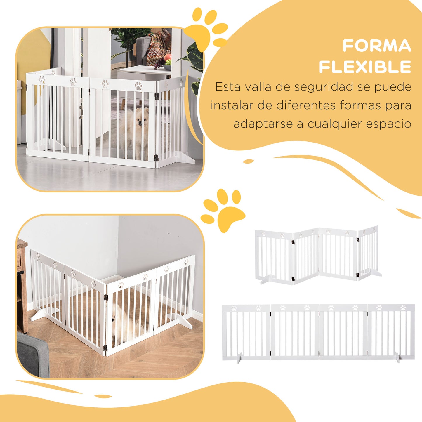 PawHut Barrera de Seguridad Plegable para Perros Reja de Protección de 4 Paneles con Patas para Puertas Escaleras Pasillos 204x30x61 cm Blanco