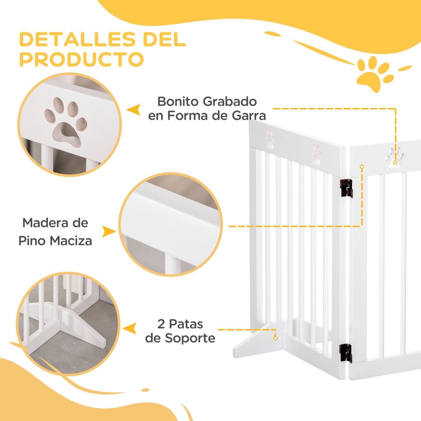 PawHut Barrera para Perros Plegable de 4 Paneles Barrera de Seguridad para Perros con Estructura de Madera y Patas de Apoyo para Pasillo Escalera 204x30x61 cm Blanco