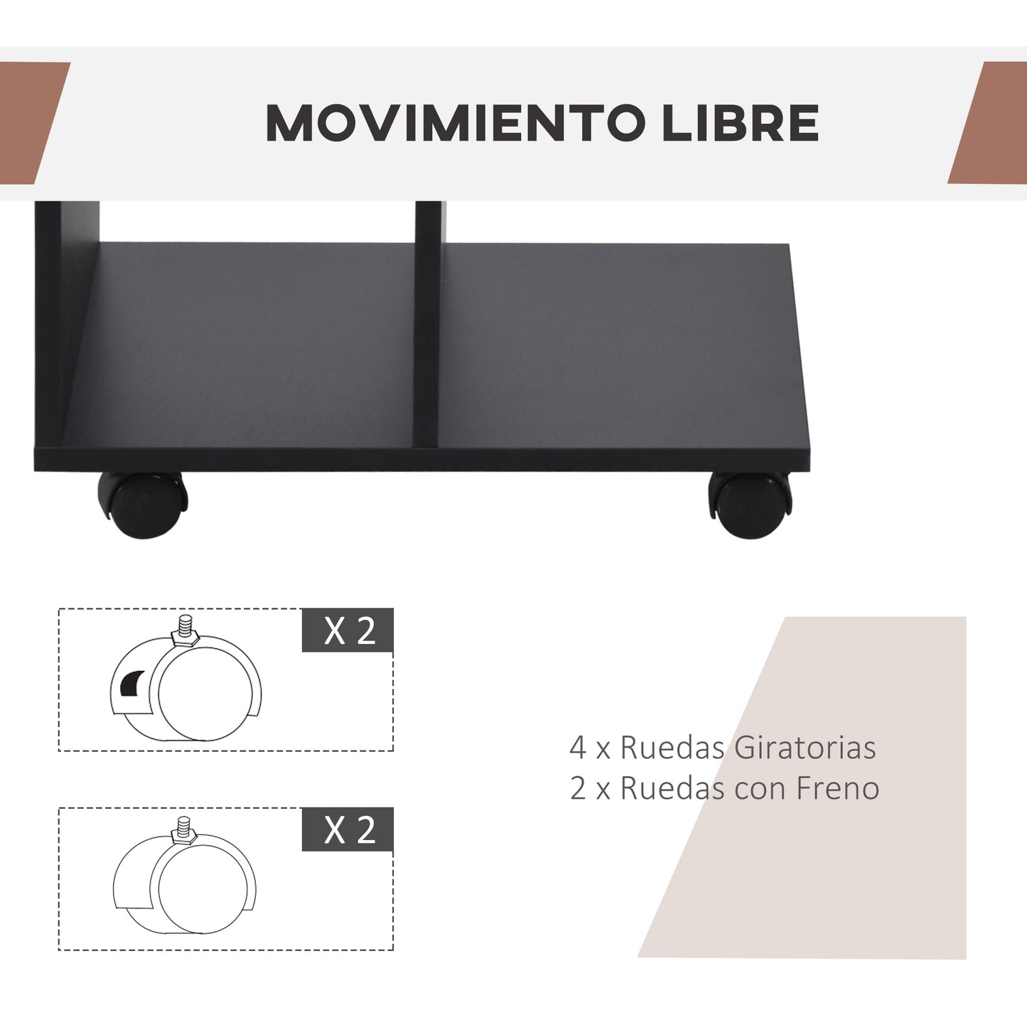 HOMCOM Mesita Auxiliar Moderno Mesa Auxiliar en Forma de C con Ruedas Estantes Abiertos para Salón Dormitorio 45x35x58 cm Negro