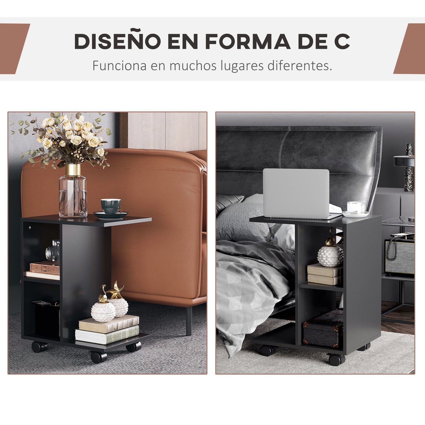 HOMCOM Mesita Auxiliar Moderno Mesa Auxiliar en Forma de C con Ruedas Estantes Abiertos para Salón Dormitorio 45x35x58 cm Negro