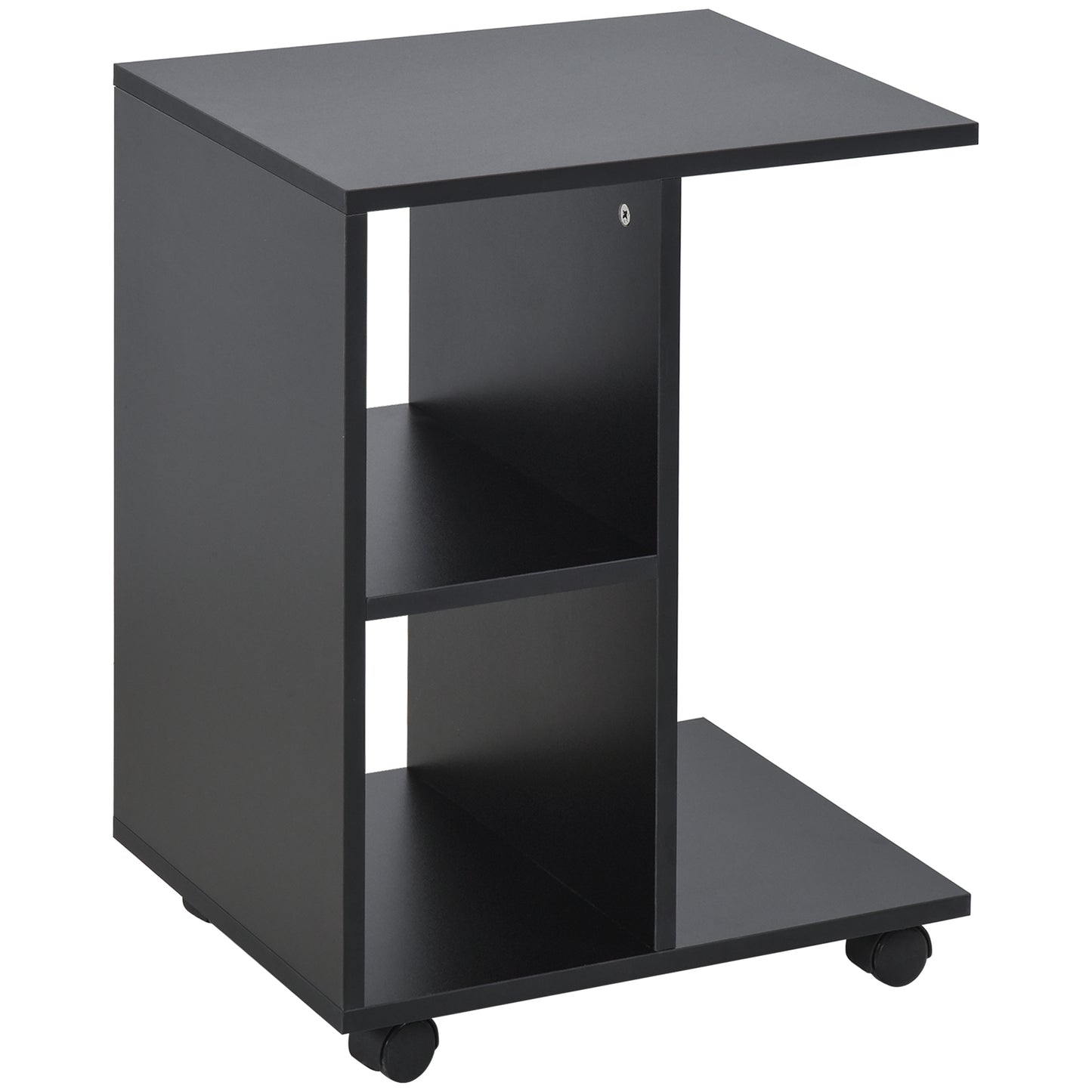 HOMCOM Mesita Auxiliar Moderno Mesa Auxiliar en Forma de C con Ruedas Estantes Abiertos para Salón Dormitorio 45x35x58 cm Negro