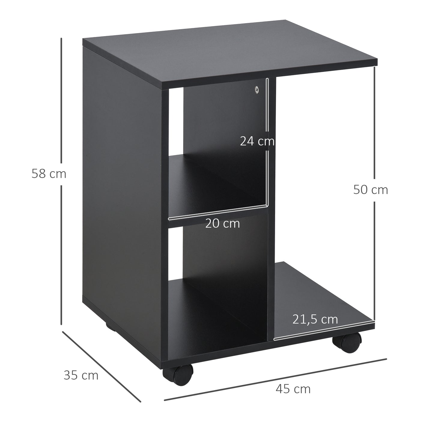 HOMCOM Mesita Auxiliar Moderno Mesa Auxiliar en Forma de C con Ruedas Estantes Abiertos para Salón Dormitorio 45x35x58 cm Negro