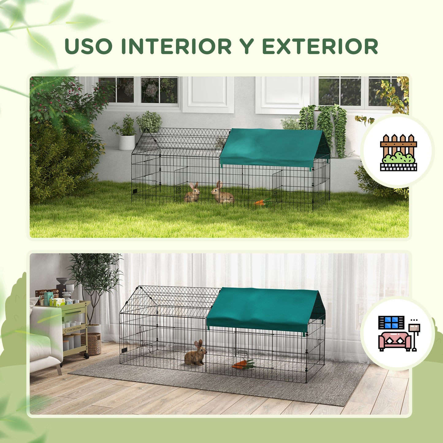 PawHut Jaula para Animales Pequeños Jaula para Roedores de Acero con Puertas y Tela Superior Jaula para Conejos Chinchillas Gallinas 185x75x75 cm Verde