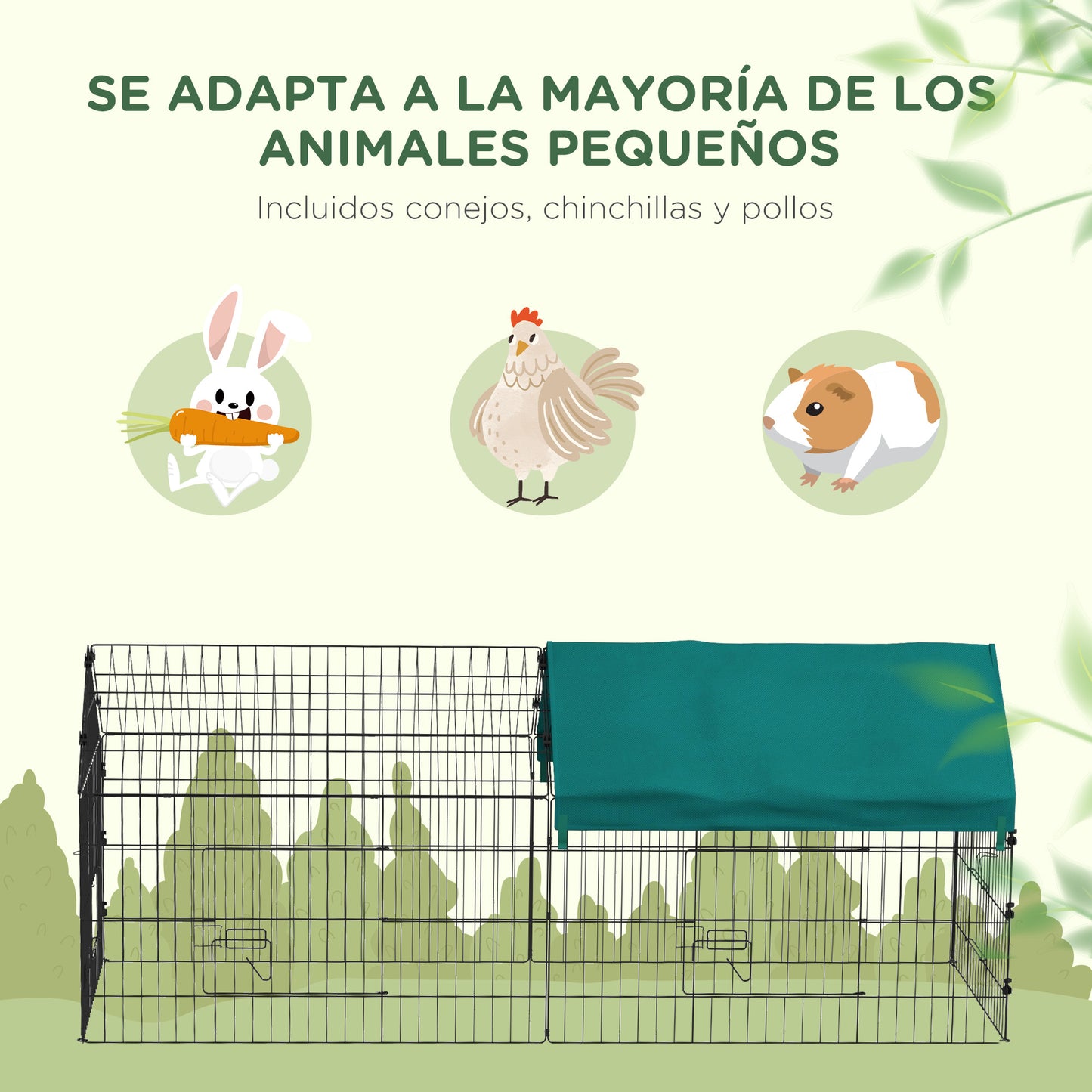 PawHut Jaula para Animales Pequeños Jaula para Roedores de Acero con Puertas y Tela Superior Jaula para Conejos Chinchillas Gallinas 185x75x75 cm Verde