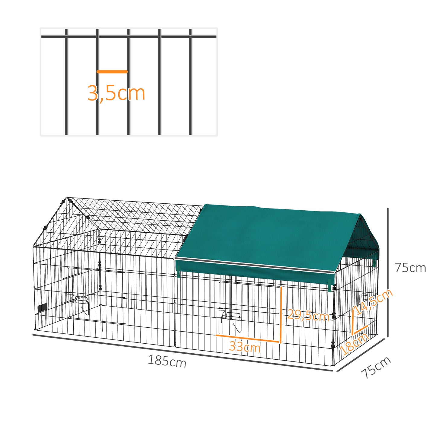 PawHut Jaula para Animales Pequeños Jaula para Roedores de Acero con Puertas y Tela Superior Jaula para Conejos Chinchillas Gallinas 185x75x75 cm Verde