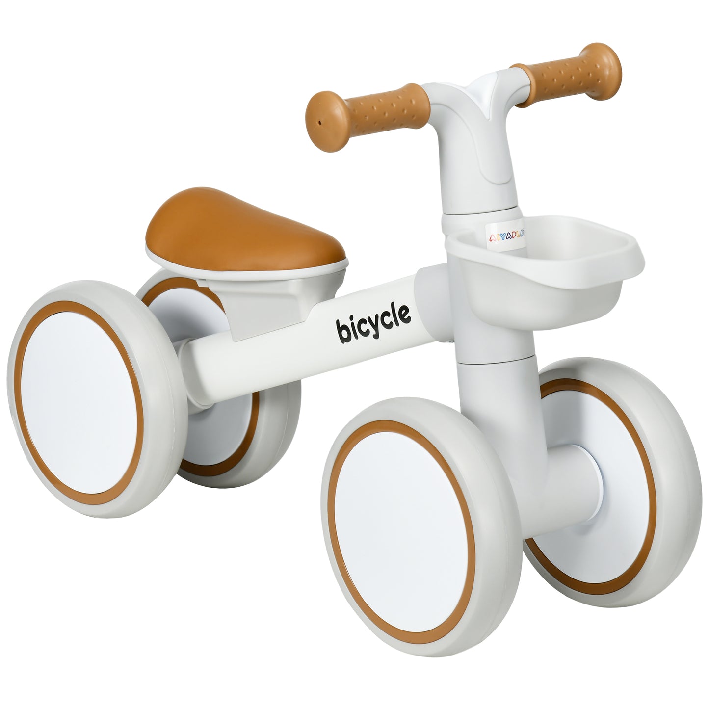 AIYAPLAY Bicicleta sin Pedales para Niños de 12-36 Meses Bicicleta de Equilibrio con Asiento Ajustable Cesta y 4 Ruedas Silenciosas Carga 20 kg 56x27x39 cm Blanco y Marrón