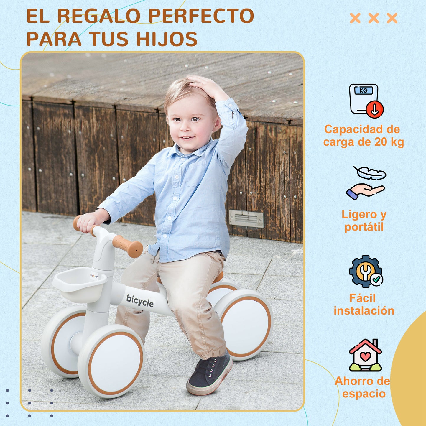 AIYAPLAY Bicicleta sin Pedales para Niños de 12-36 Meses Bicicleta de Equilibrio con Asiento Ajustable Cesta y 4 Ruedas Silenciosas Carga 20 kg 56x27x39 cm Blanco y Marrón