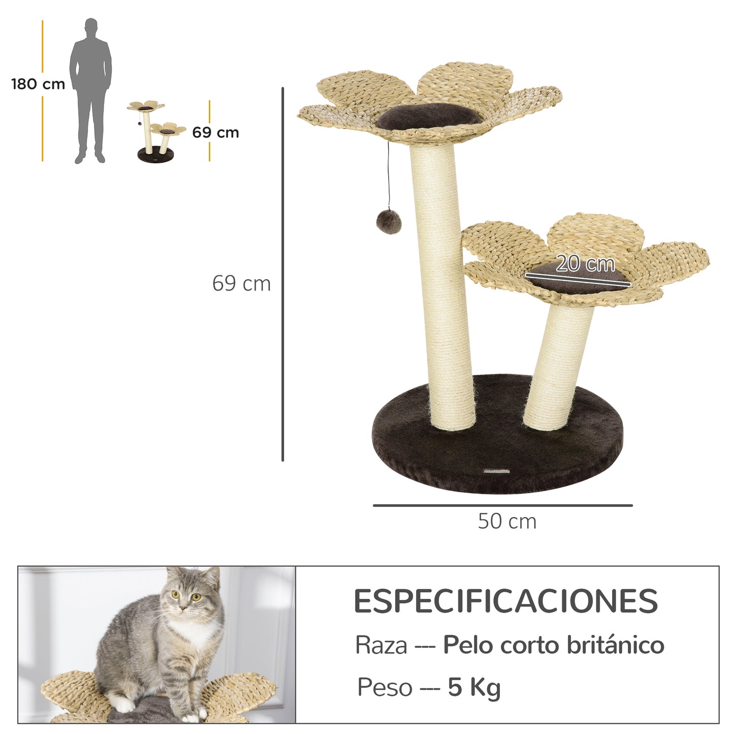 PawHut Árbol Rascador para Gatos Mediano Altura 69 cm Torre para Gatos con Cama de Flores Poste de Sisal y Bola Colgante para Jugar 50x50x69 cm Marrón y Beige