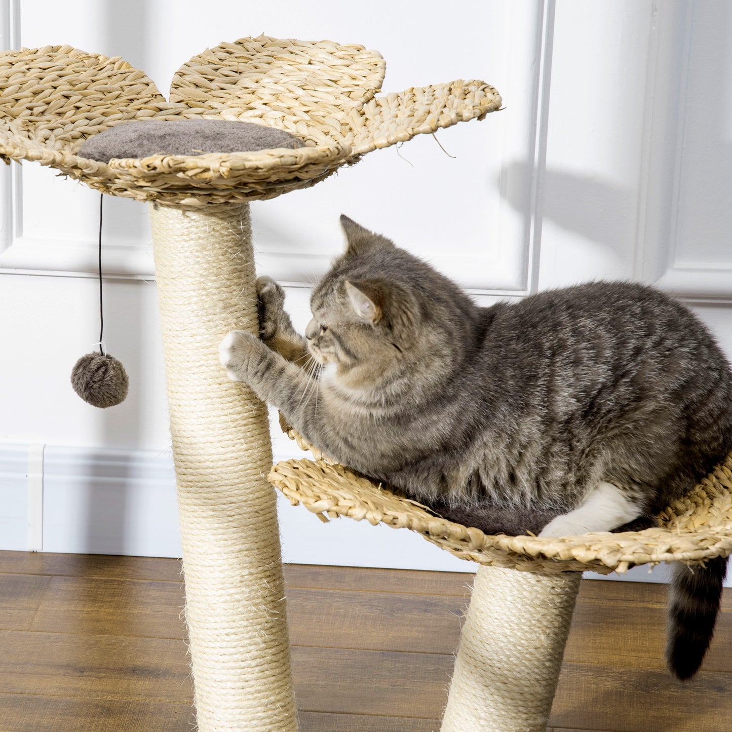 PawHut Árbol Rascador para Gatos Mediano Altura 69 cm Torre para Gatos con Cama de Flores Poste de Sisal y Bola Colgante para Jugar 50x50x69 cm Marrón y Beige