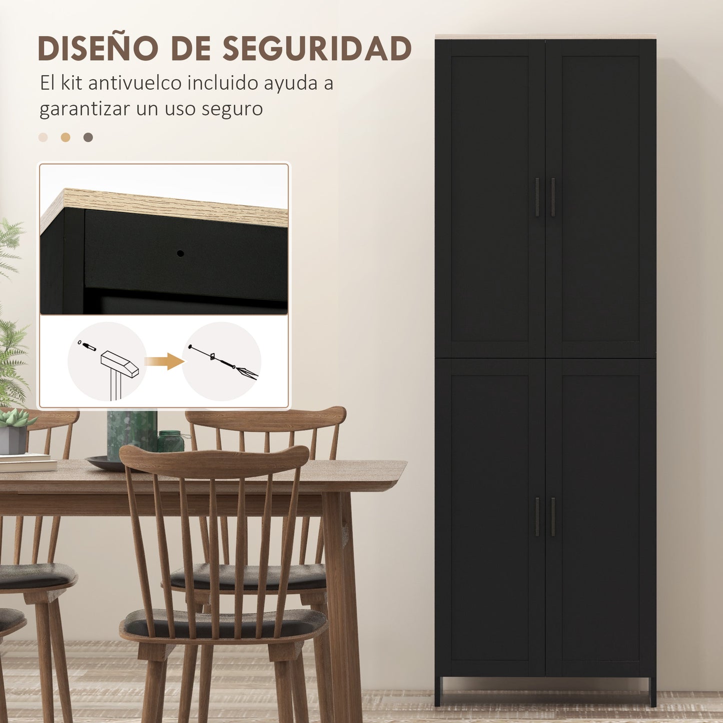 HOMCOM Alacena de Cocina Armario de Cocina Mueble Auxiliar de Cocina con Puertas y Estantes Ajustables Antivuelco para Comedor Salón 60x30x170,5 cm Negro